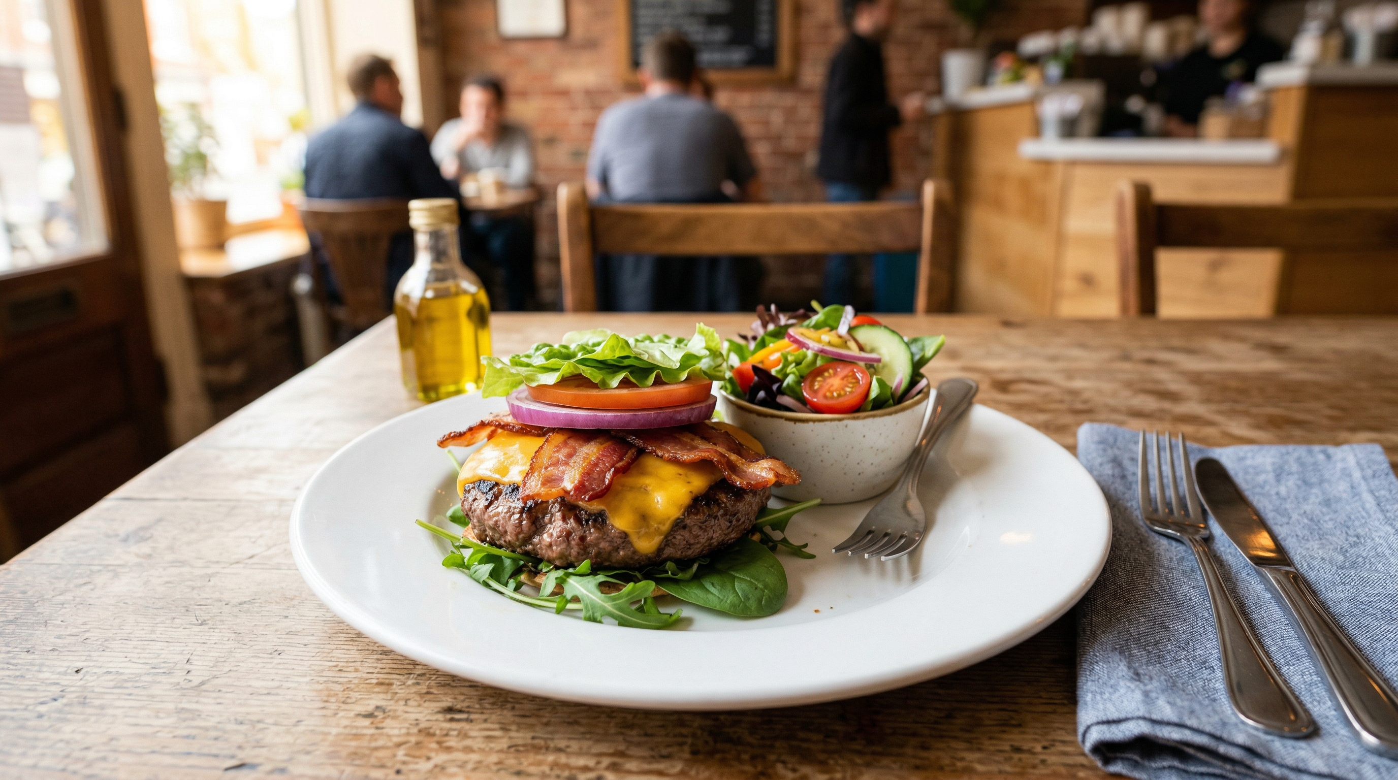 A keto-friendly bunless bacon cheeseburger with a side salad